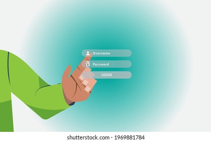 The main display of the website at the login and password menu. Hands clicking buttons. Website illustration