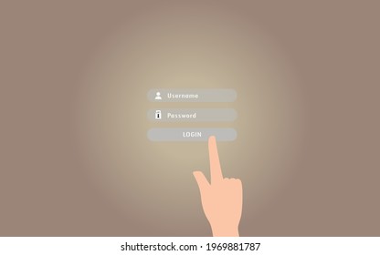 The main display of the website at the login and password menu. Hands clicking buttons. Website illustration