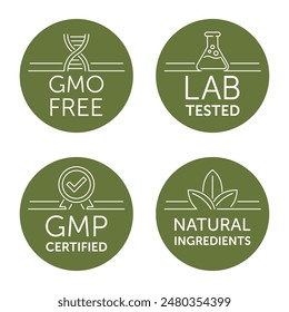 Main features of dietary and quality food or nutrient supplement. GMO free, Lab tested, GMP certified, Natural ingredients. General-purpose pictograms for labeling in circle shapes and thin line