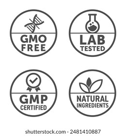 Main features of dietary and quality food or nutrient supplement. GMO free, Lab tested, GMP certified, Natural ingredients. General-purpose pictograms for labeling in circle shapes and bold line