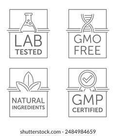 Main features of dietary and quality food or nutrient supplement. GMO free, Lab tested, GMP certified, Natural ingredients. General-purpose pictograms for labeling in rectangular shapes and thin line