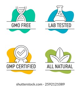 Main features of dietary and quality food or nutrient supplement. GMO free, Lab tested, GMP certified, Natural ingredients. General-purpose pictograms for labeling in circle shapes and thin line