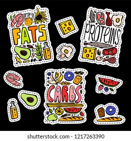 Main food groups - macronutrients. Carbohydrates, fats and proteins in doodle style. Dieting, healthcare and eutrophy concept. Vector illustration isolated on a black background. Stickers and patches.