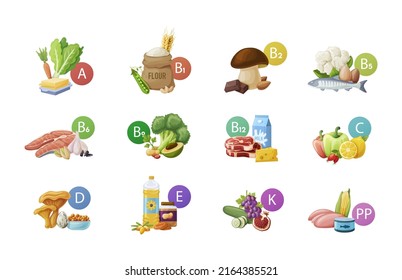 Main Food Macro And Micronutrients. Fats, Fiber Or Cellulose, Carbs, Proteins Nutritious Food For Healthy Diet. Nutrient Complex Diet Of Organic Natural Products, Healthy Vitamin Groups A, B, C, D, PP