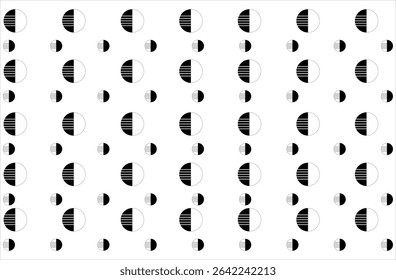 Main form: Circle with half black and half white content.

Variation in content: Half circle contains black-white horizontal lines (like blades).

Size: Circle consists of two different sizes (large a