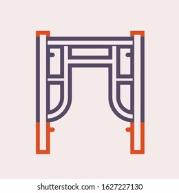 Main Frame Or H-frame Vector Icon. Walk Through Type. Accessory Part Of Scaffolding Ringlock System. Safety Equipment Use To Built Stage And Temporary Work Area With High Building In Construction Site