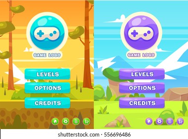 Main game menu and nature background. Set of cute elements for mobile games and web design. Vector stock illustration