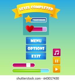 Main game menu. Set of cute elements for mobile games and web design. Vector stock illustration