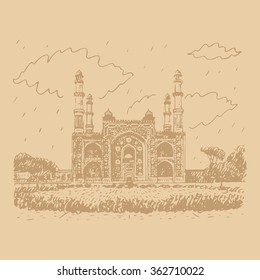 Main Gate to the Akbar's Tomb in Sikandra, a suburb of Agra, Uttar Pradesh, India. Vector freehand pencil sketch. 
