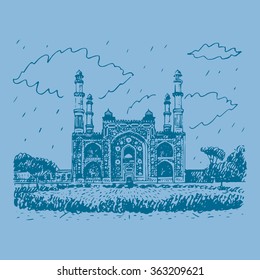Main Gate to the Akbar's Tomb in Sikandra, a suburb of Agra, Uttar Pradesh, India. Vector freehand pencil sketch. 