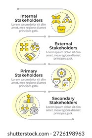 Main groups of stakeholders infographic vertical sequence. Social investments, project workflow. Visualization infochart with 4 steps. Circles workflow