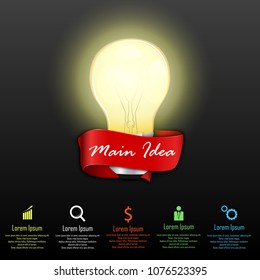 Main idea concept with 5 steps options and light bulb