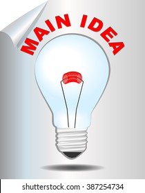 Main idea inscription above bulb, presentation slide for motivation training, business workshop, soft skills education. Main idea with bulb symbol. Main idea vector slide for project management. 