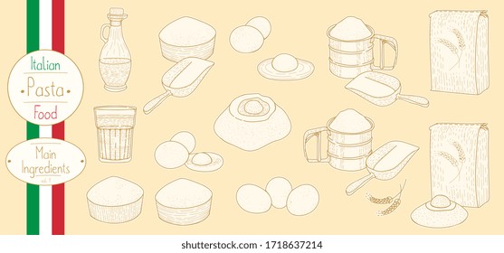 Main ingredients for cooking italian food Pasta, sketching illustration in vintage style