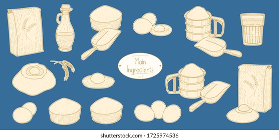 Main ingredients for italian food Pasta recipe, sketching illustration in retro style