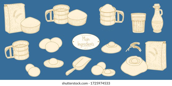 Main ingredients of Italian Pasta recipe, sketching illustration in retro style