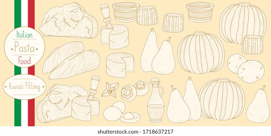 Main ingredients for stuffed pasta filling for cooking italian food Ravioli, sketching illustration in vintage style
