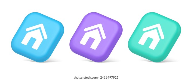 Hauptseite Internet-Button Startseite Haus mit Dach-Navigation Cyberspace-Schnittstelle 3d realistische blaue violette und grüne Symbole. Startseite grundlegende Online-Adresse Immobilienstruktur