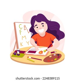 Main lesson book isolated cartoon vector illustration. Hands-on activity in Waldorf school, child drawing on subject, using different art materials, book creation, main lesson vector cartoon.