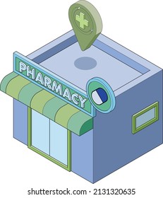 With main line, facing left. Illustration of an isometric 3D style pharmacy, pinned on the map. Medical concept
