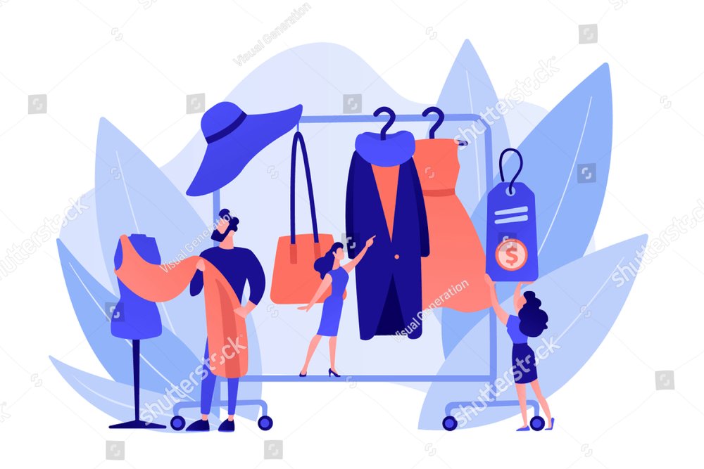 Main master designer creating fashion clothes designs and hanging it on coat rack. Fashion house, clothing design house, fashion production concept. Pinkish coral bluevector isolated illustration