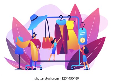 Main master designer creating fashion clothes designs and hanging it on coat rack. Fashion house, clothing design house, fashion production concept. Bright vibrant violet vector isolated illustration