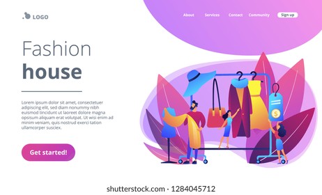 Main master designer creating fashion clothes designs and hanging it on coat rack. Fashion house, clothing design house, fashion production concept. Website vibrant violet landing web page template.