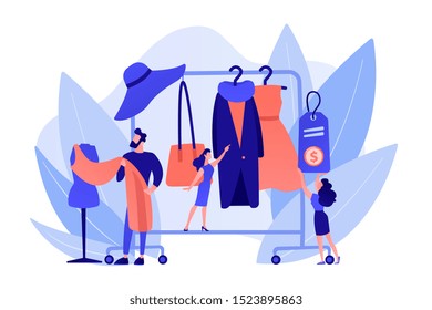 Main master designer creating fashion clothes designs and hanging it on coat rack. Fashion house, clothing design house, fashion production concept. Pinkish coral bluevector isolated illustration