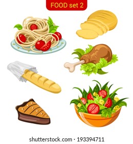 Main meal menu vector icon set. Spaghetti, bread, vegetable salad, cake, meat.  Food collection. High detail.