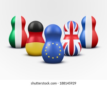 Main members of the European Union in the form of nesting dolls with flag colors. Vector Illustration.