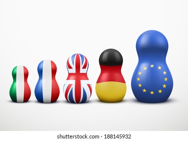 Main members of the European Union in the form of nesting dolls with flag colors. Vector Illustration.