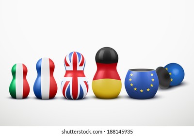 Main members of the European Union in the form of nesting dolls with flag colors. Vector Illustration.