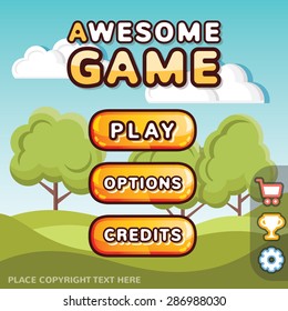 Main Menu Game Interface Kit. Creative Ui Templates For Web, Mobile And Computer Video Games. Awesome Background,title,buttons,icons Bar. Suitable For Different Device Sizes. Sunny Hills Level Concept