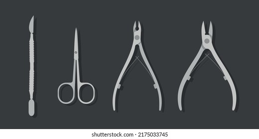 Main Metal Manicure Tools, Vector Illustration For Beauty School Guide, Nail Care Tutorial, Traditional Manicure And Pedicure Set