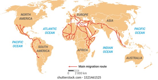 Main migration routes in the world. Refugees ways in global view, year 2019. Infographics design.