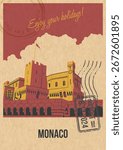 Main Monaco Attraction Postcard, The Prince’s palace of Monaco. Retro Postcard Style Illustration. Aged Paper Texture, Vintage Colors