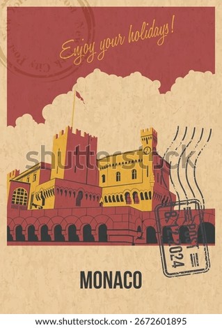 Main Monaco Attraction Postcard, The Prince’s palace of Monaco. Retro Postcard Style Illustration. Aged Paper Texture, Vintage Colors
