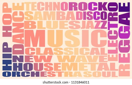 Main music genres list. Multicolor gradient tags