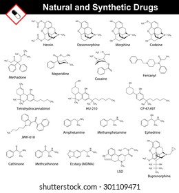 Main Natural And Synthetic Drugs - Structural Chemical Formulas Of Molecules, Opiates, Cannabinoids, Amphetamines, LSD, Cocaine, Methadone, Fentanyl, Meperidine, 2d Vector On White Background, Eps 8