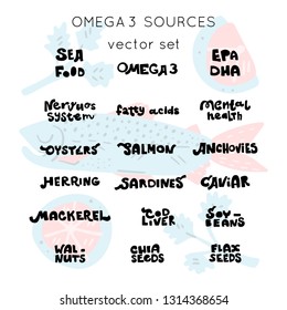 Main Omega 3 fatty acids sources hand lettering set. Medicine handdrawn vector words. Unique vector quote poster.Custom typography for your designs:t-shirts,bags,posters,invitation.