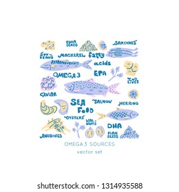Main Omega 3 fatty acids sources square frame. Medicine handdrawn vector icons. Textured illustration made in flat doodle style, colourful design.

