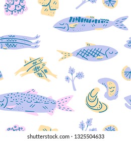 Main Omega 3 fatty acids sources set of drawings. Medicine handdrawn vector icons. Textured illustration made in flat doodle style, colourful design. Seamless pattern.
