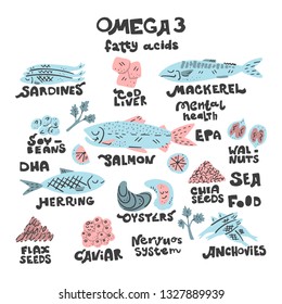 Main Omega 3 fatty acids sources set of drawings. Medicine handdrawn vector icons. Textured illustration made in flat doodle style, colourful design.
