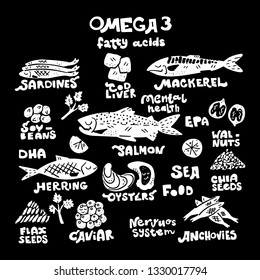 Main Omega 3 fatty acids sources set of drawings. Medicine handdrawn vector icons. Textured illustration made in flat doodle style, colourful design.
