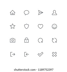 Main outline icon set - home, chat, airplane, man, star, shield, heart, smile face, photo camera, lock, check mark, cross, login, logout and refresh symbol. Internet and social network vector signs.