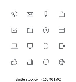 Main outline icon set - phone, mail, pen, briefcase, check mark, wallet, dollar coin, calendar, laptop, computer, mouse, mobile, globe, graph and diagram symbol. Business and work vector signs.
