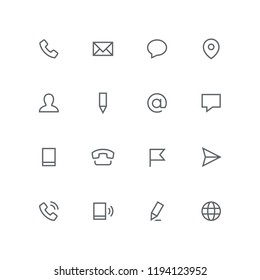 Main Outline Icon Set - Phone, Envelope, Chat, Address, Man, Pen, Mail, Message, Mobile, Flag, Airplane And Globe Symbol. Contacts And Business Vector Signs.