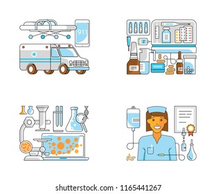 Main page layout for medical centre website in modern flat line style. Diagnosis, science and a lot of medicine icons. Vector illustration eps 10