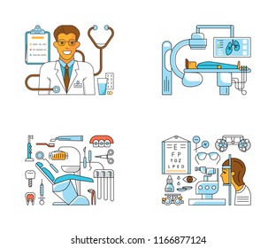 Main page layout for medical centre website in modern flat line style. Diagnosis, science and a lot of medicine icons. Vector illustration eps 10