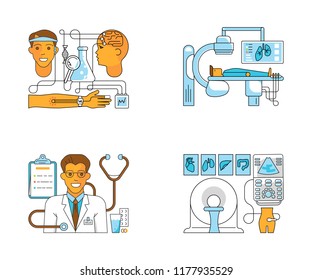 Main page layout for medical centre website in modern flat line style. Diagnosis, science and a lot of medicine icons. Vector illustration eps 10